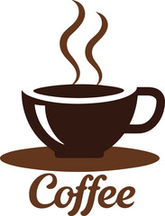 Aromatic Coffee Cup Illustration Featuring Steaming Coffee on a Saucer with the Word Coffee