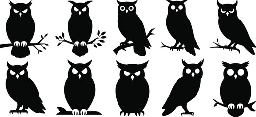 A large collection of black owl silhouettes, showcasing various poses like sitting on a branch and standing, perfect for nature, wildlife, and nocturnal-themed designs, on a white background