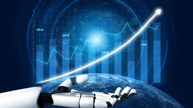 A robotic hand symbolizes the intersection of technology and business growth, reaching towards a digital graph that illustrates upward trends in analytics. Copula