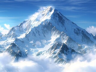 Obraz premium Majestic snow-capped mountain peak, piercing blue sky. Vast, icy slopes and clouds