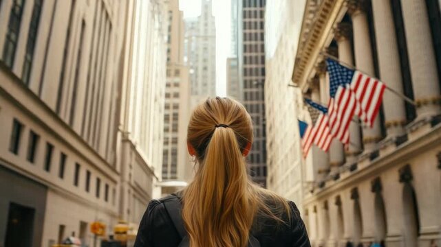 Woman walking in city with skyscrapers, American flag hanging overhead on flag pole.