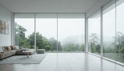 Fototapeta premium Modern living room with large window offering forest view. Beige sofa sits on wooden floor. Gray ottoman in front, wooden coffee table behind. Wooden side table, white walls create bright, airy