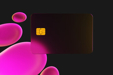 Close up of transparent gold credit card near oil drops in neon purple light on black background. 3d rendering illustration