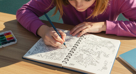 Young girl coloring in sketchbook while sitting at a wooden table. teen doodling in schoolbook  