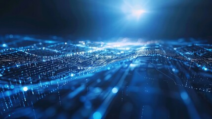 Abstract computer technology blue background banner futuristic business data technology modern concept, circuit board shape lines connecting link structure dark blue contrast. 8K.