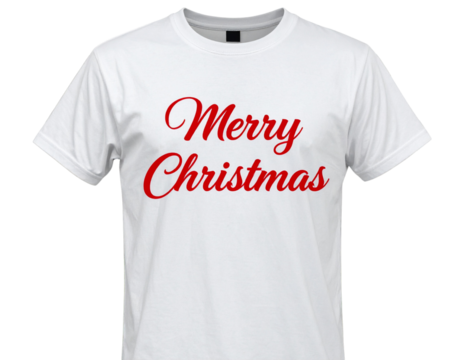  “Modern Holiday Tee with Red Script Text ‘Merry Christmas’ Across Chest, Transparent Cutout”.