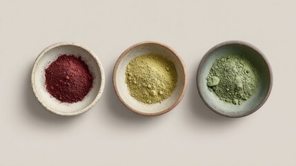 Three small bowls of colorful powders