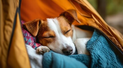 Obraz premium Jack Russell sleeping in a tent, camping background, cozy holiday feeling generative ai