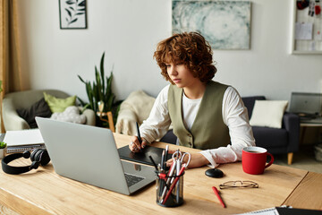 Freelancer immersed in creative work from a cozy apartment in summer sunshine