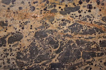 An abstract, close-up view of a dark gray, cracked, and weathered wall or rock surface.