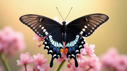 Naklejka premium Elegant Black Butterfly Rests Gracefully on Soft Pink Blossoms