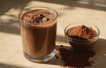 Glass filled with rich dark chocolate milkshake on beige countertop. Chocolate milk slightly spills onto white marble surface. Small bowl of dark chocolate chips on countertop. Rich, creamy, brown,