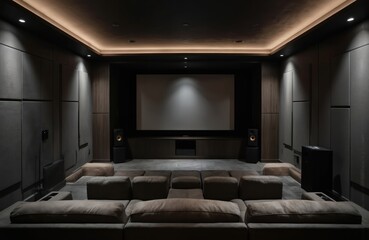 Luxurious entertainment room with large screen TV in white frame. Dark wood ceiling, soft lighting, curved sofa, dark wood paneling, plush carpet. Opulent ambiance, comfortable seating, relaxing