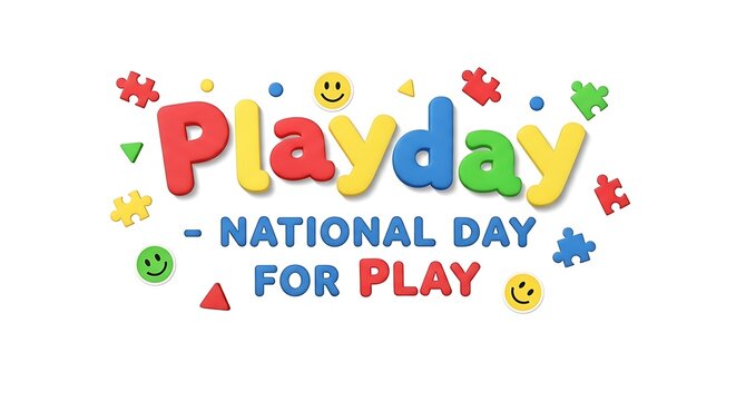 Celebrate national playday with colorful puzzles and smiley faces isolated on white background