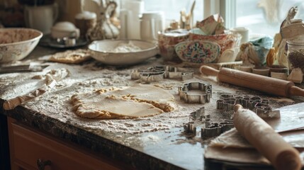 Flour-dusted kitchen countertop, cookie dough, and cutters