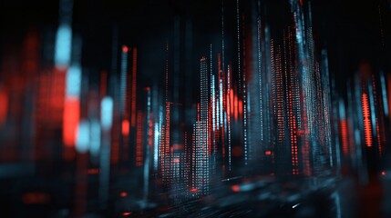 Abstract data visualization, featuring a network of glowing lines, red and blue