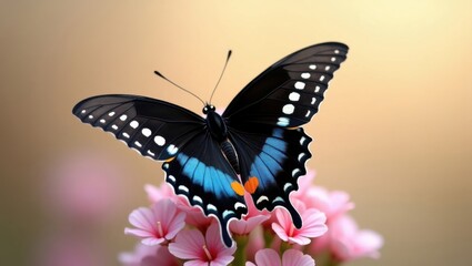 Fototapeta premium Elegant Black Butterfly Rests Gracefully on Soft Pink Blossoms