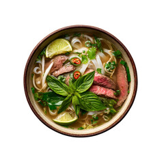Delicious Bowl of Vietnamese Pho with Sliced Beef, Rice Noodles, Herbs, and Lime