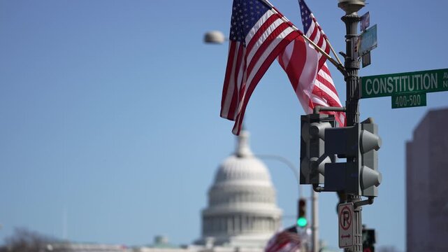 Video intro for voting and elections in the USA. American construction flag. Capitol congress Washington DC. Capital of USA. Citizenship government. America concept. Flying flag. Patriotic symbol US.