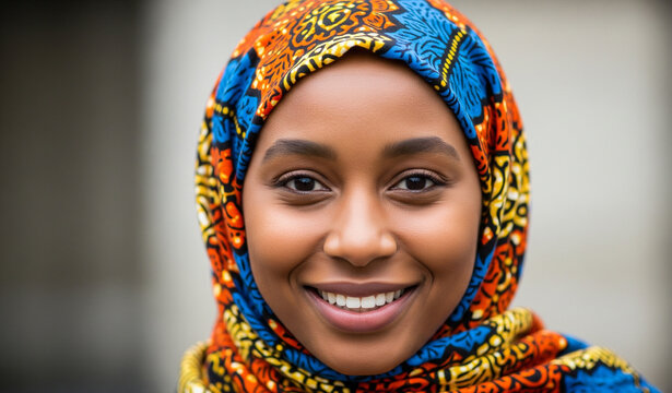 Freundliches Portr&auml;t einer jungen Frau mit buntem Ankara-Hijab