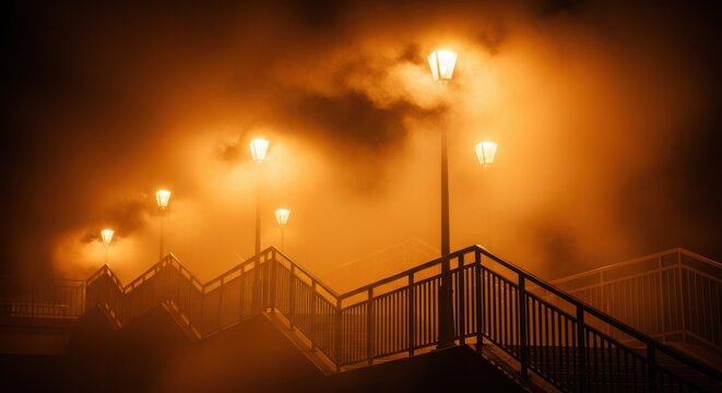 Eerie Orange Fog Engulfs Lighted Stairway