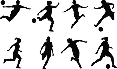 A comprehensive set of female soccer player silhouettes, showcasing athletes in various dynamic poses like kicking and running, perfect for sports and competition-themed designs