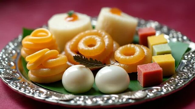 Assorted colorful Indian sweets arranged on a silver plate  