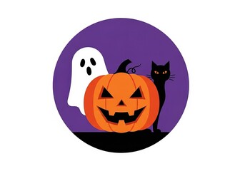 Cute cartoon halloween icon with a jack-o'-lantern, a spooky ghost and a black cat isolated