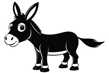 Black cartoon donkey smiling with long ears and a cute tail on white