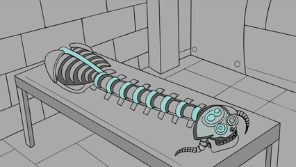 Illustration of a skeletal centipede robot on a table in a gray tiled room with a column