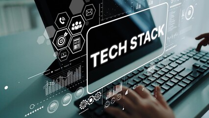 Modern Technology Stack Concept with Hands on Keyboard and Digital Interface Elements in a Bright...