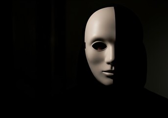 Anonymous person in white mask and black hood hiding in dark shadow with dramatic light