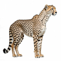 Cheetah Pose: A majestic cheetah stands in full profile, its sleek spotted coat gleaming under the natural light. captured with a full body pose showing the animal's elegance, power, and grace.