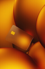 Close-up of transparent gold credit card on golden spheres background. 3d rendering illustration