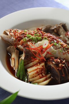 Whole yellow croaker braised with king oyster, oyster, and shiitake mushrooms in spicy soy chili glaze. A dish by Hanshunseop.