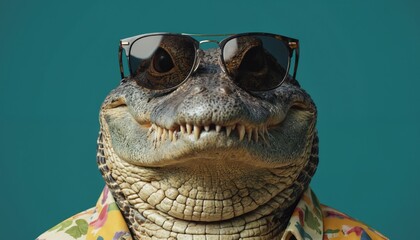 Obraz premium Close-up portrait of a reptile wearing sunglasses and a vibrant floral shirt with yellow and white stripes. Yellowish-brown skin pattern and white teeth. Central frame with eye-catching appearance.
