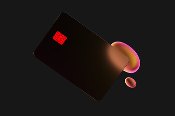 Close up of transparent gold credit card near oil drops in neon purple light on black background. 3d rendering illustration