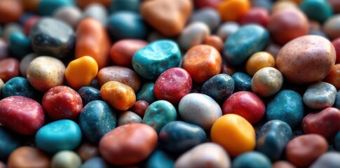 Close-up of small, multicolored stones; varied textures, rough and smooth , river, arid