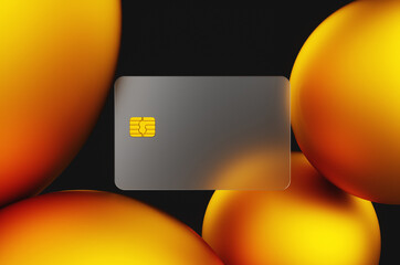 Close-up of transparent gold credit card on golden spheres background. 3d rendering illustration