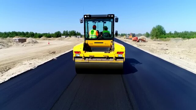 Vibrant Yellow Roller Compacts Fresh Asphalt on Road Construction Project on Sunny Day