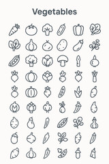 A diverse collection of vegetable icons presented in a clean, minimalist line art style, arranged in a grid.