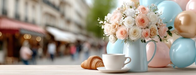 Sipping coffee and savoring a croissant at a charming terrace, adorned by lovely flowers and delicate balloons floating above