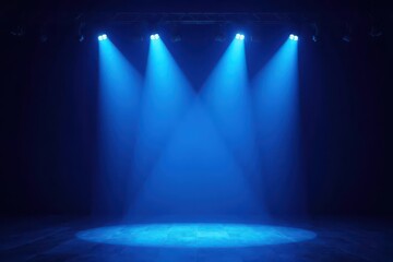 Cool blue stage lights illuminate empty theater, spotlight, shadow, stage light