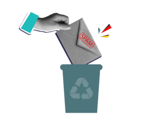 Black and white hand puts an envelope with a stamp Spam into trash can. Modern photo collage style. Illustration on transparent background