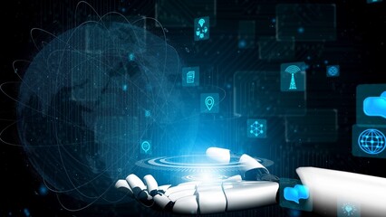 A robotic hand reaching out to a glowing digital interface filled with holographic icons illustrates the blend of technology and global connectivity in a virtual world. Xenic