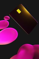 Close up of transparent gold credit card near oil drops in neon purple light on black background. 3d rendering illustration
