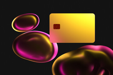Close up of transparent gold credit card near oil drops in neon purple light on black background. 3d rendering illustration