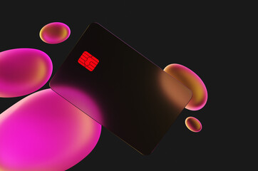 Close up of transparent gold credit card near oil drops in neon purple light on black background. 3d rendering illustration