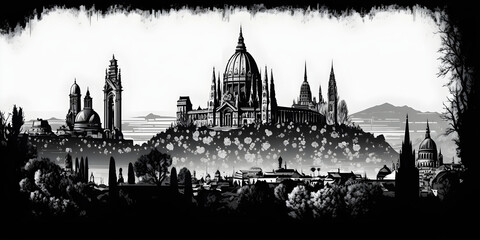 Fototapeta premium Historische Skyline mit Kathedralen in Schwarz-Weiß-Optik - Skyline Wallpaper - Harmonisches Panorama Hintergrundbild