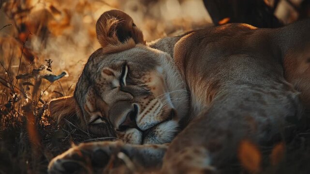 A cute lion laying down and taking a nap in the wild, surrounded by autumn leaves on the ground.